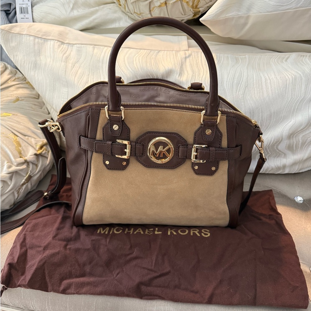 Michael Kors Beige Suede and Dark Brown Leather Satchel with Gold Hardware